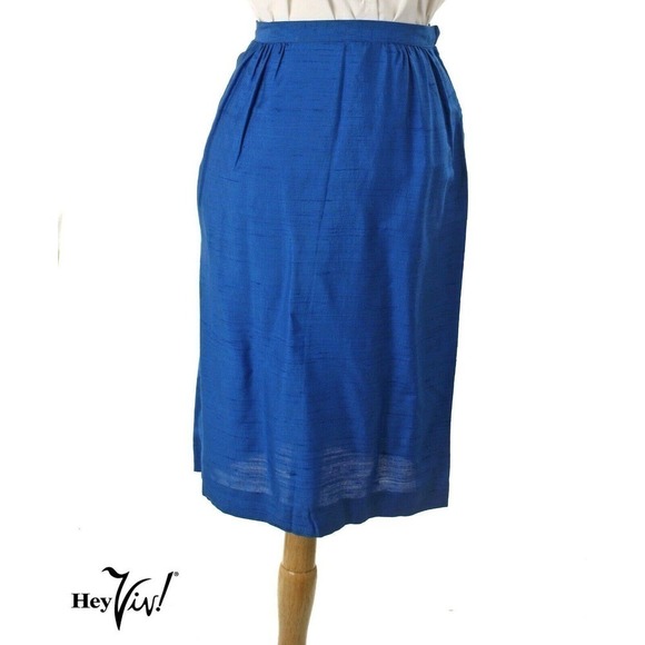 Vintage Pencil Skirt Blue Slubbed Silk Fitted Style Waist 25 Length 25 - Hey Viv - Picture 2 of 6